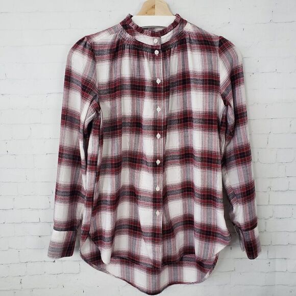 LOFT Plaid Long Sleeve Top Size XS Red Black White Button Front Mandarin Collar - Picture 1 of 7